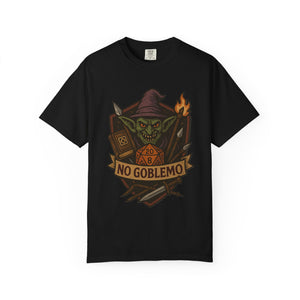 Flat lay of black cotton t-shirt featuring retro fantasy goblin and D20 dice illustration