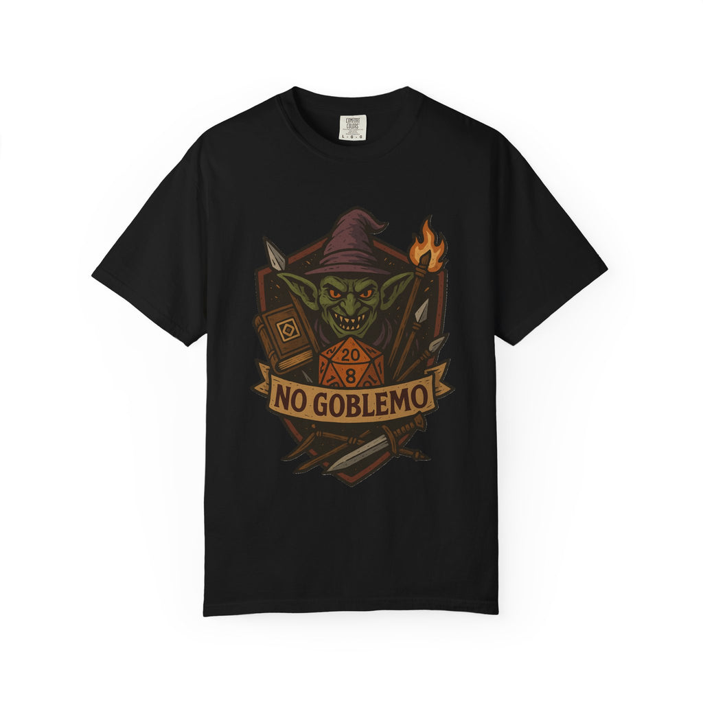 Flat lay of black cotton t-shirt featuring retro fantasy goblin and D20 dice illustration