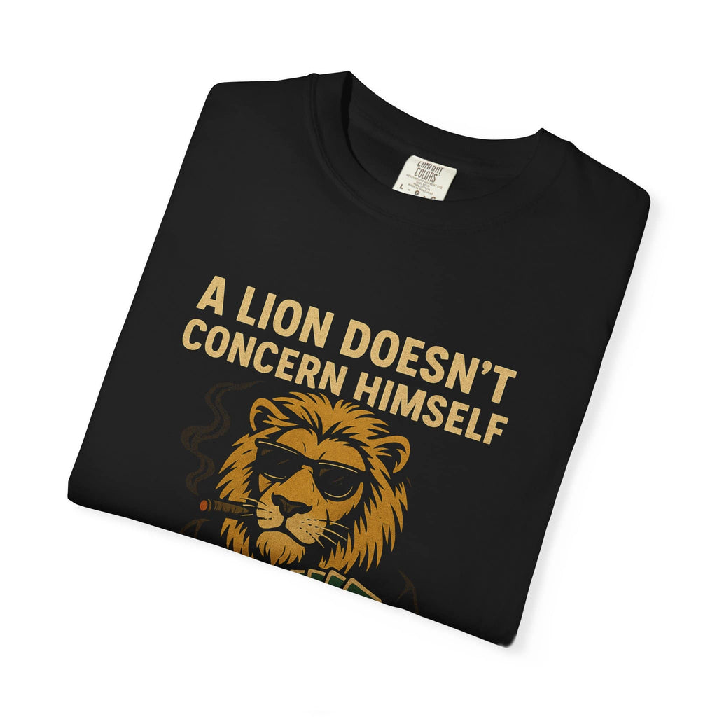 Folded black t-shirt showing Lion meme print, perfect funny gift for coworkers