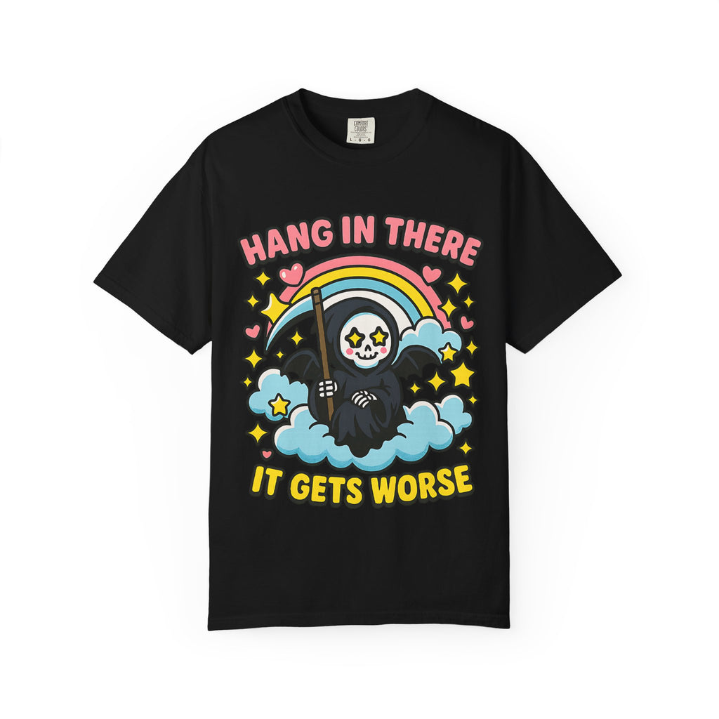 Black dark humor t-shirt with contrasting cute rainbow and reaper art. Edgy but cute meme clothing.