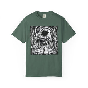 Forest green t-shirt displaying a dramatic black and white woodcut print of an astronaut before a swirling black hole and alien ruins.