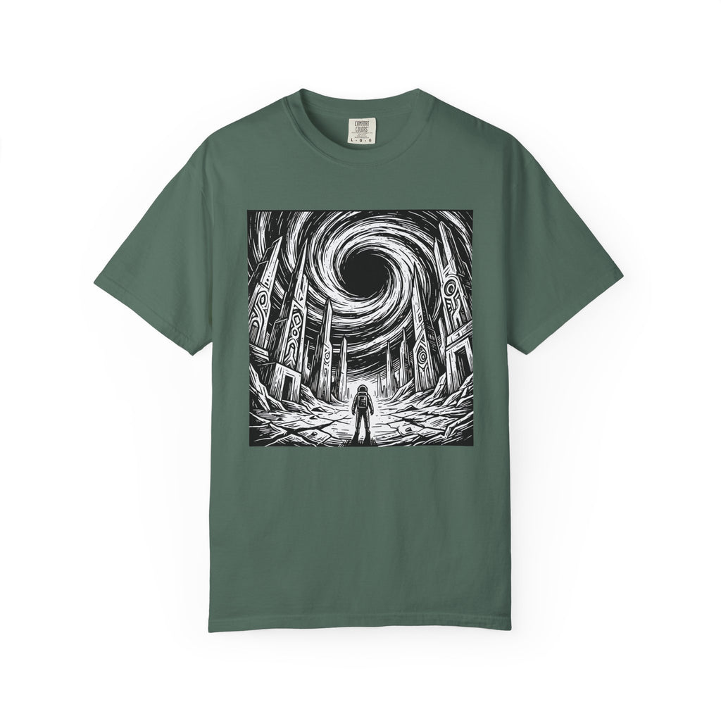 Forest green t-shirt displaying a dramatic black and white woodcut print of an astronaut before a swirling black hole and alien ruins.