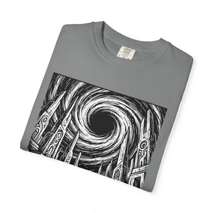 Folded gray t-shirt showing a bold graphic of an astronaut standing in front of mysterious alien ruins under a swirling black hole. Vintage sci-fi style.