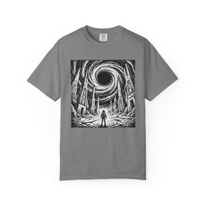 Light gray t-shirt laid flat showcasing the epic sci-fi black hole astronaut design with ancient alien ruins.