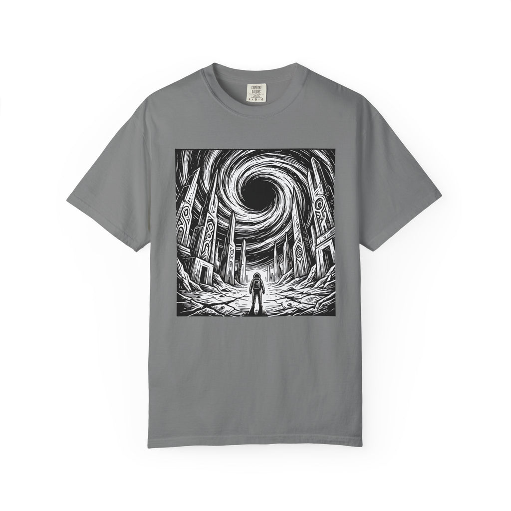 Light gray t-shirt laid flat showcasing the epic sci-fi black hole astronaut design with ancient alien ruins.