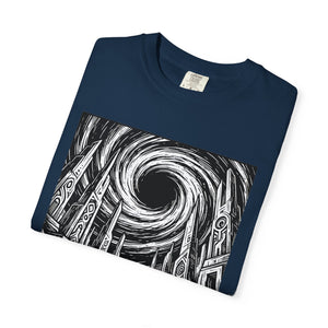 Folded navy blue t-shirt with epic sci-fi artwork of an astronaut facing a giant black hole and ancient ruins. High-contrast vintage illustration on a dark blue tee.