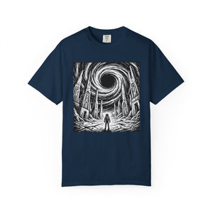 Navy blue t-shirt laid flat with a powerful black and white illustration of an astronaut facing alien ruins and a giant black hole.