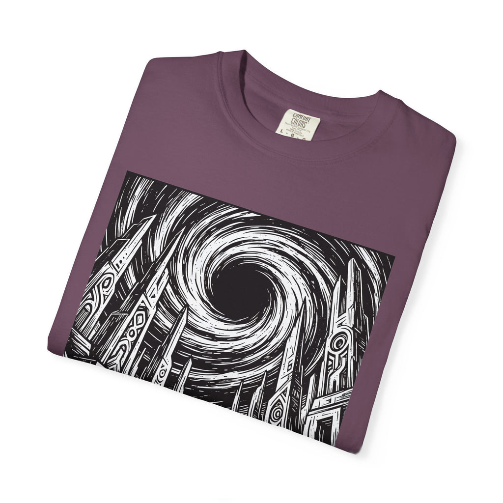 Folded plum purple t-shirt showcasing a striking black and white black hole ruins design with an astronaut and towering alien structures. Premium soft cotton tee.