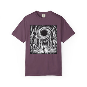 Plum purple t-shirt laid flat displaying the full black hole ruins astronaut graphic. Sci-fi space exploration design centered on the chest.