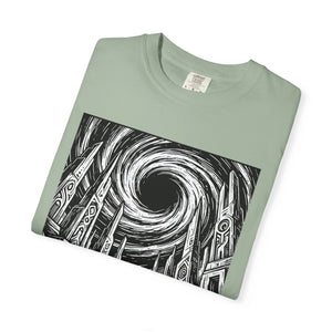 Folded sage green t-shirt with detailed black and white sci-fi design featuring a lone astronaut, ancient ruins, and a massive cosmic black hole.