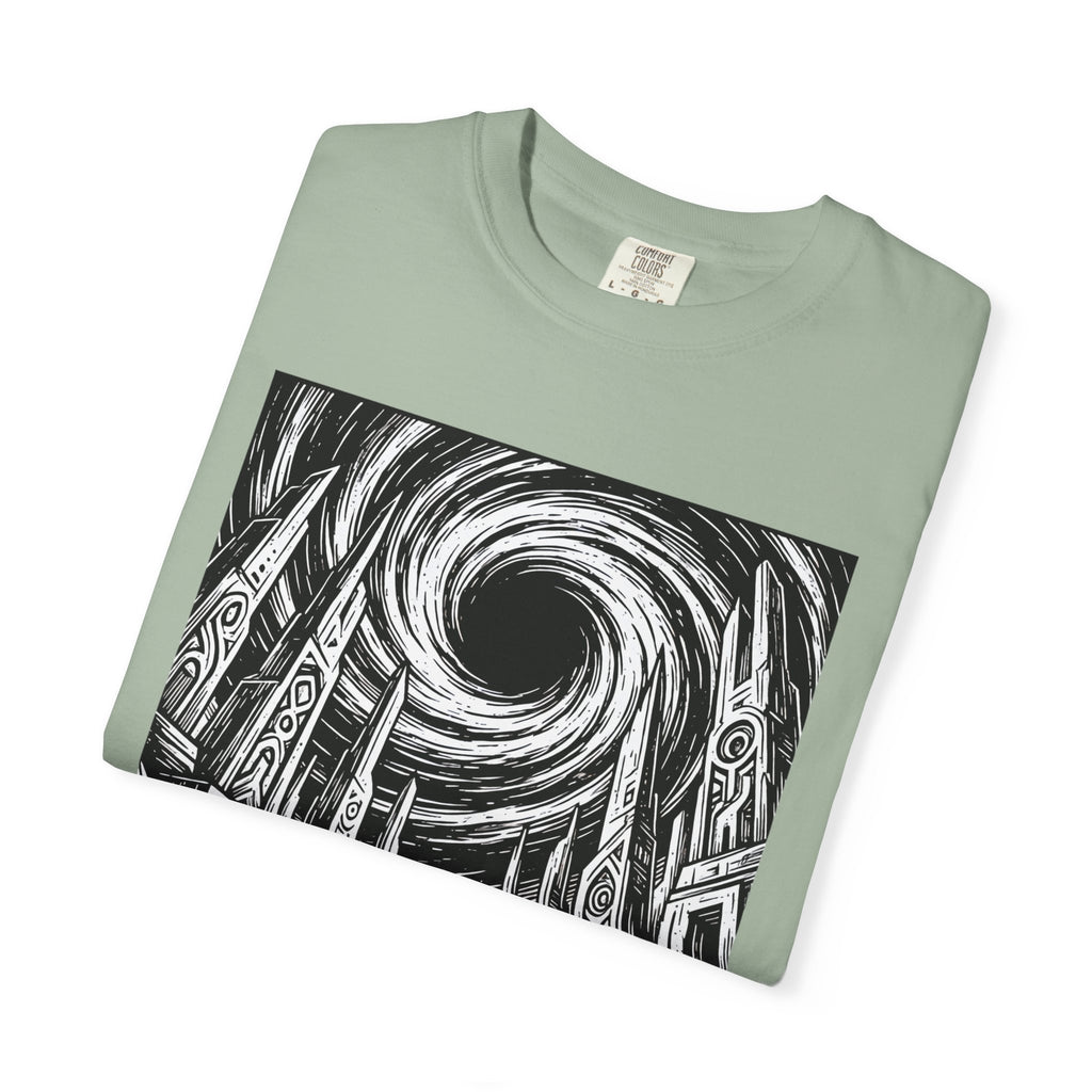 Folded sage green t-shirt with detailed black and white sci-fi design featuring a lone astronaut, ancient ruins, and a massive cosmic black hole.