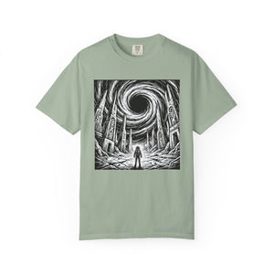 Light sage green t-shirt laid flat displaying the full epic sci-fi graphic of an astronaut standing before crumbling alien ruins under a giant black hole vortex.