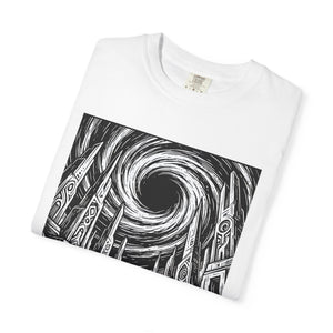 Folded white t-shirt close-up highlighting the bold black and white woodcut design of a lone astronaut facing ancient alien ruins and a massive swirling black hole.