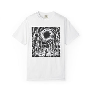 White t-shirt laid flat with a bold black and white woodcut-style graphic of a lone astronaut before a massive black hole and mysterious alien ruins.
