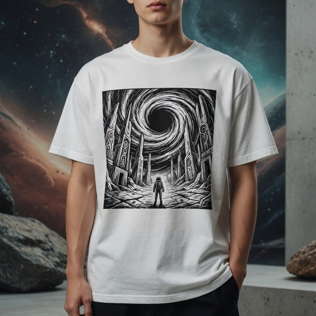 Young man wearing a white t-shirt with the black hole ruins astronaut design. Lifestyle photo set against a dramatic space nebula background, showing how the sci-fi graphic looks when worn.