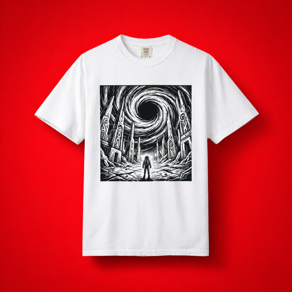 White t-shirt laid flat on a vibrant red background, featuring the striking black and white black hole ruins astronaut illustration centered on the chest.