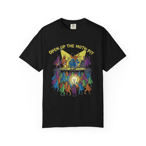 A classic black Comfort Colors t-shirt featuring the vibrant "Open Up The Moth Pit" illustration of moths moshing at a heavy metal show.