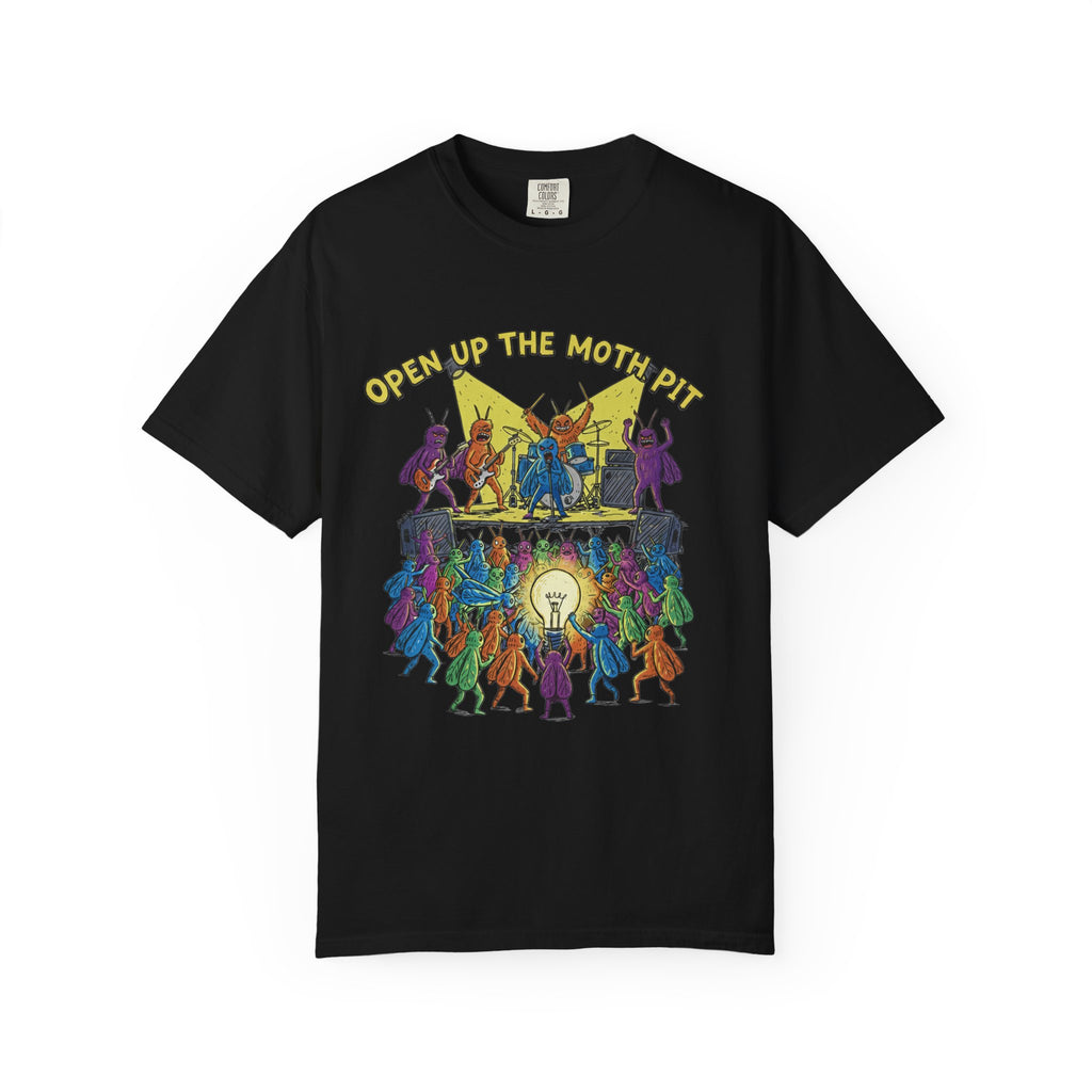A classic black Comfort Colors t-shirt featuring the vibrant "Open Up The Moth Pit" illustration of moths moshing at a heavy metal show.