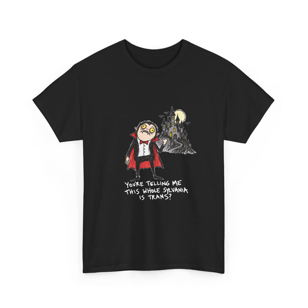 A black short-sleeve crewneck t-shirt featuring a cartoon graphic of a trans boy in a vampire costume next to a castle under a full moon, with the text 'YOURE TELLING ME THIS SHIKE STRAWMA IS TRANS?' printed below.