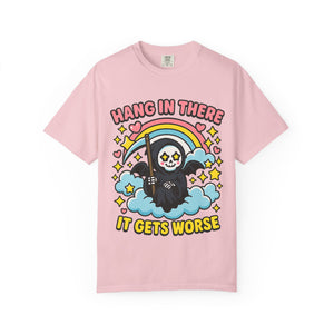 Blossom pink aesthetic t-shirt with kawaii grim reaper design. Cute pastel goth fashion for women and men.