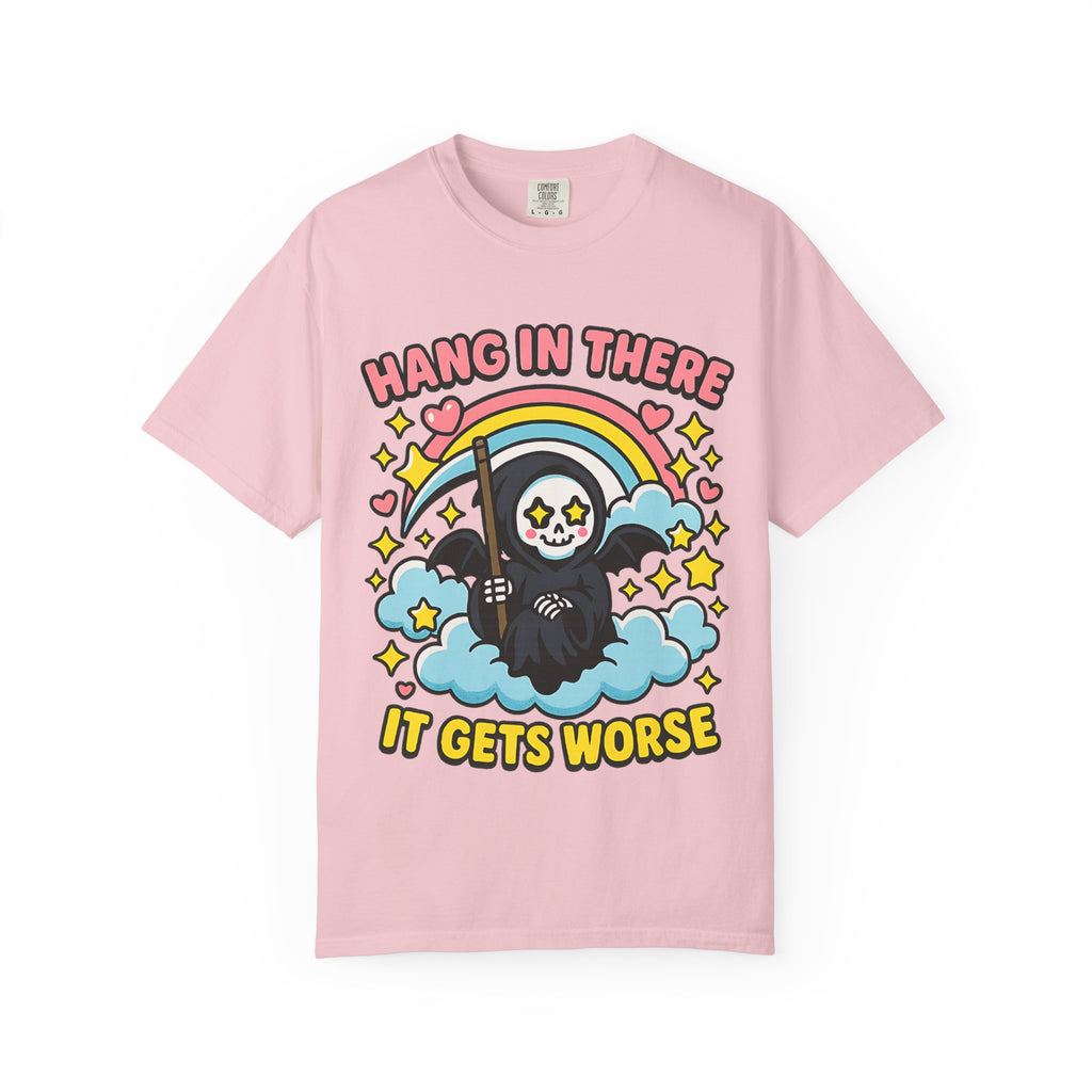 Blossom pink aesthetic t-shirt with kawaii grim reaper design. Cute pastel goth fashion for women and men.