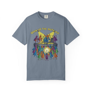 A blue-grey or "blue spruce" colored t-shirt displaying the "Open Up The Moth Pit" graphic with moths playing guitars and drums on stage.