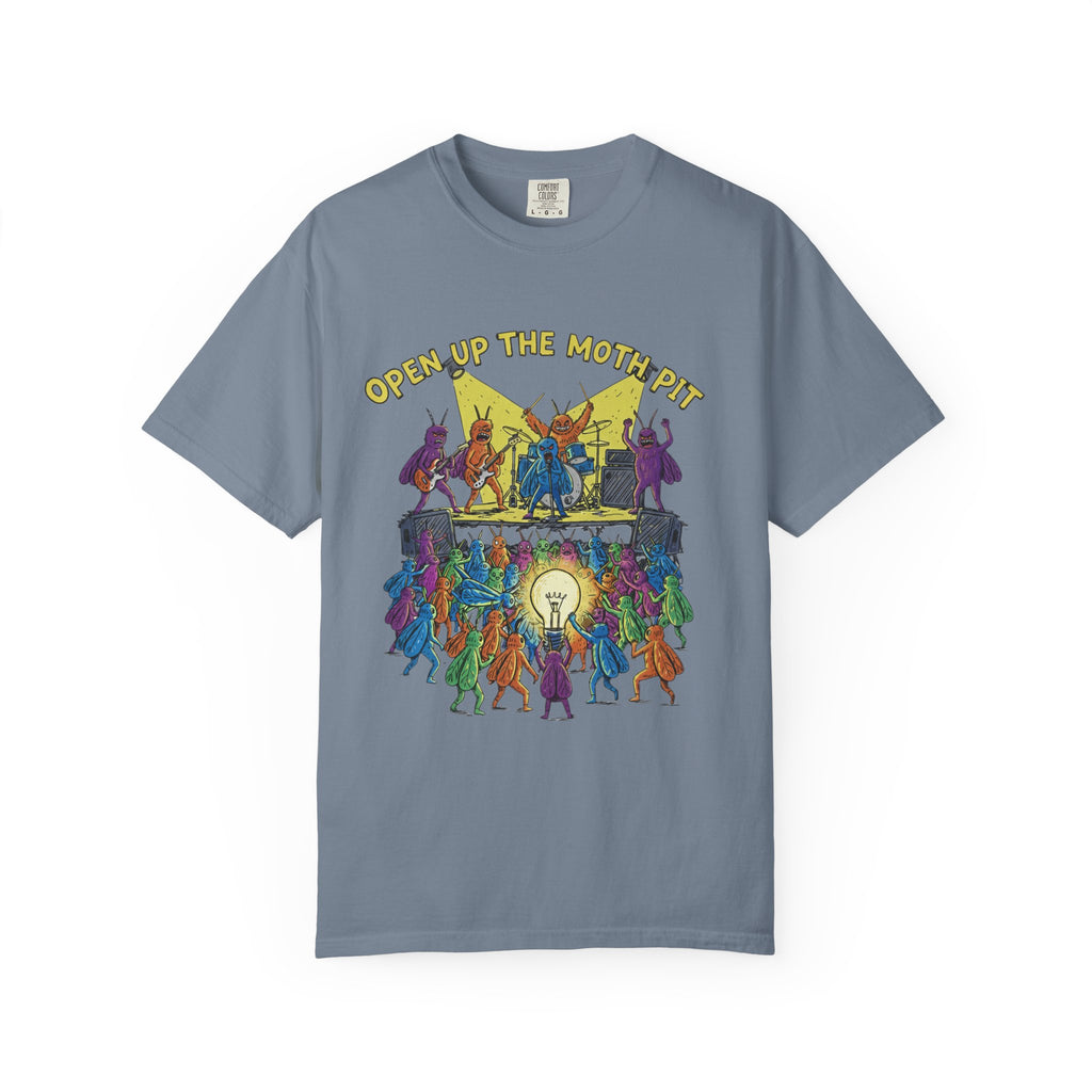 A blue-grey or "blue spruce" colored t-shirt displaying the "Open Up The Moth Pit" graphic with moths playing guitars and drums on stage.