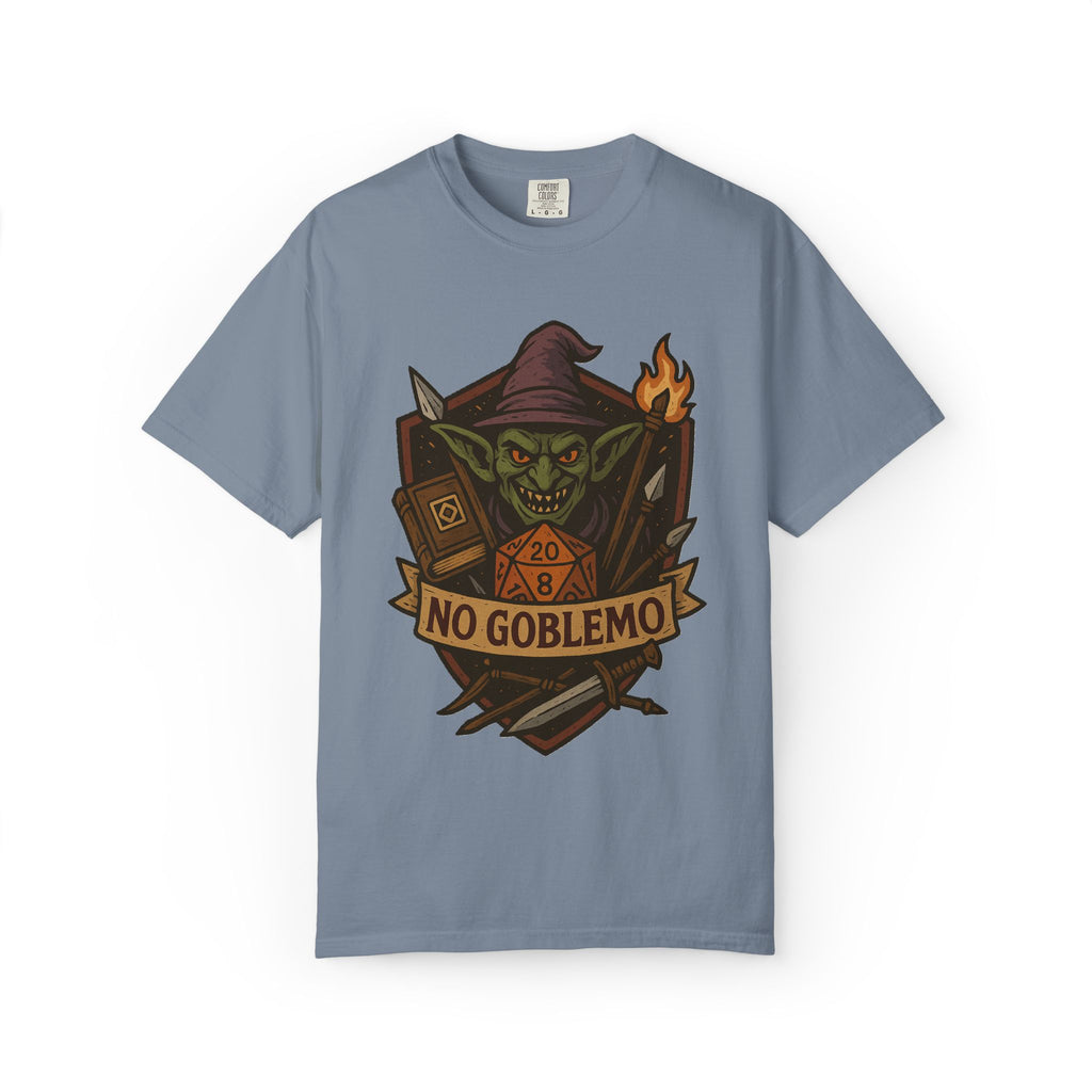 Flat lay of blue jean cotton t-shirt featuring retro fantasy goblin and D20 dice illustration