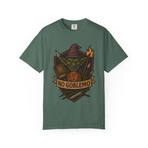 Flat lay of blue spruce cotton t-shirt featuring retro fantasy goblin and D20 dice illustration