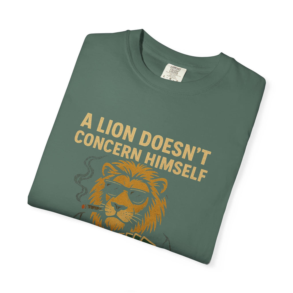 Folded green blue spruce t-shirt showing Lion meme print, perfect funny gift for coworkers