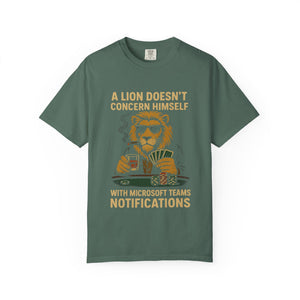 Green Blue Spruce t-shirt featuring lion gambling graphic and Microsoft Teams joke
