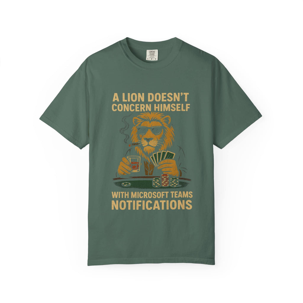 Green Blue Spruce t-shirt featuring lion gambling graphic and Microsoft Teams joke