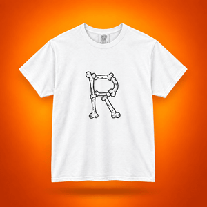 A white short-sleeve crewneck t-shirt featuring a black line art graphic of the letter 'R' constructed from bones, displayed against a vibrant orange gradient background.