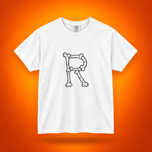 A white short-sleeve crewneck t-shirt featuring a black line art graphic of the letter 'R' constructed from bones, displayed against a vibrant orange gradient background.
