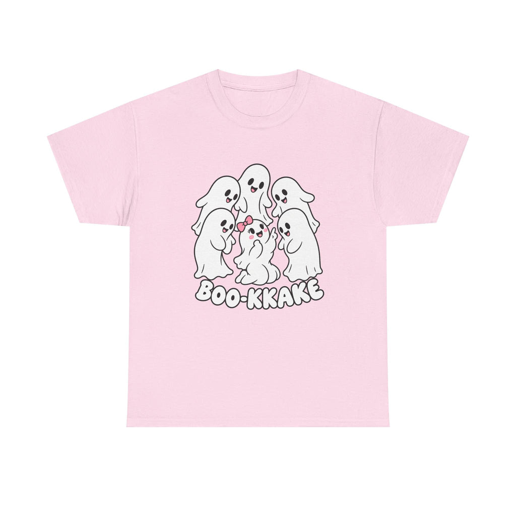 A light pink short-sleeve t-shirt with a cartoon graphic of five cute white ghosts huddled together with a pink bow, above the text 'BOO-KAKAKE' in white with a black outline.