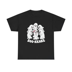 A black short-sleeve crewneck t-shirt featuring a white graphic of five cute cartoon ghosts with the text 'BOO-KKAKE' printed below them, displayed on a solid white background.