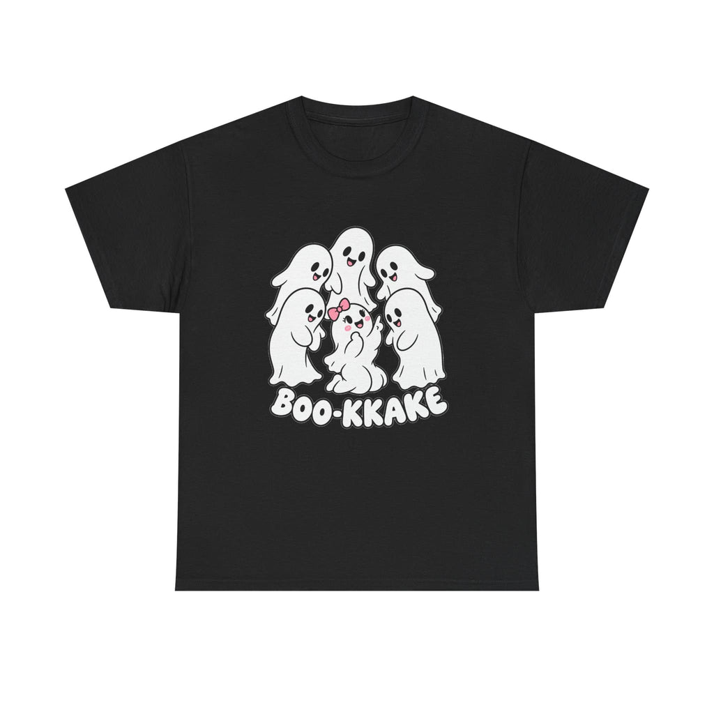 A black short-sleeve crewneck t-shirt featuring a white graphic of five cute cartoon ghosts with the text 'BOO-KKAKE' printed below them, displayed on a solid white background.