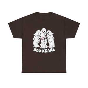 A dark brown short-sleeve t-shirt with a graphic of five cute white cartoon ghosts huddled together, with one wearing a small pink bow. Below the ghosts, the text 'BOO-KKAKE' is printed in white.