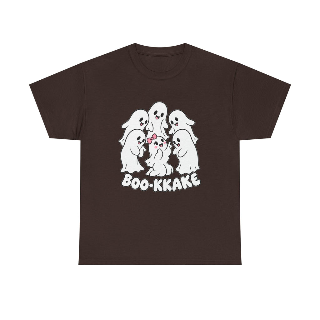 A dark brown short-sleeve t-shirt with a graphic of five cute white cartoon ghosts huddled together, with one wearing a small pink bow. Below the ghosts, the text 'BOO-KKAKE' is printed in white.
