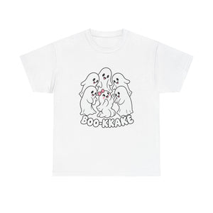 A white short-sleeve crewneck t-shirt featuring a cartoon graphic of five cute ghosts huddled together with a pink bow, above the text 'BOO-KKAKE' in black outline lettering with a pink accent.