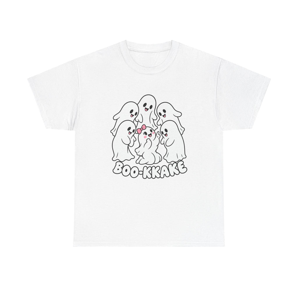 A white short-sleeve crewneck t-shirt featuring a cartoon graphic of five cute ghosts huddled together with a pink bow, above the text 'BOO-KKAKE' in black outline lettering with a pink accent.