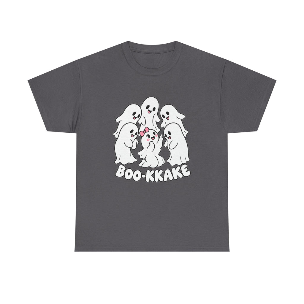 A grey short-sleeve crewneck t-shirt featuring a white graphic of a ghost with a sad face inside a dark gray square, with the text 'BOO-KKAKE' printed below in white.