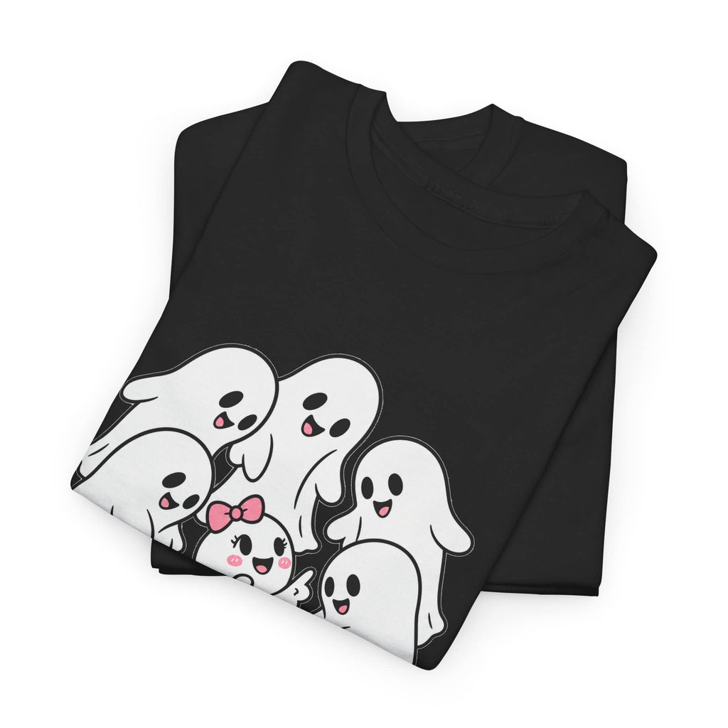 A black folded t-shirt featuring a cute cartoon graphic of six white ghosts with pink and black details, displayed on a clean white background.