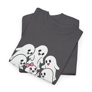 A grey folded t-shirt featuring a cute cartoon graphic of six white ghosts with pink and black details, displayed on a clean white background.