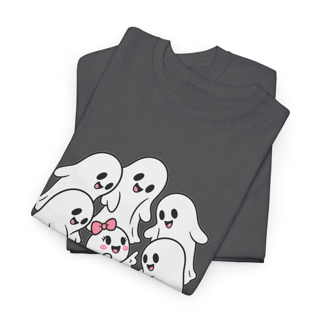 A grey folded t-shirt featuring a cute cartoon graphic of six white ghosts with pink and black details, displayed on a clean white background.