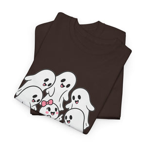A dark brown folded t-shirt featuring a cute cartoon graphic of six white ghosts with pink and black details, displayed on a clean white background.