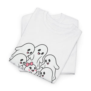 A folded white short-sleeve T-shirt on a plain white background, featuring a cute cartoon group of ghosts printed on the front in black outlines with pink accents.