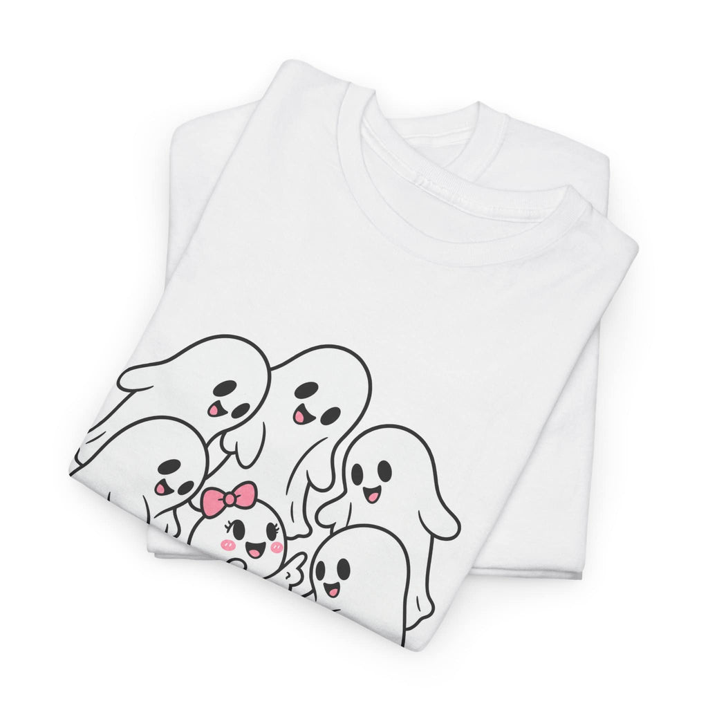 A folded white short-sleeve T-shirt on a plain white background, featuring a cute cartoon group of ghosts printed on the front in black outlines with pink accents.