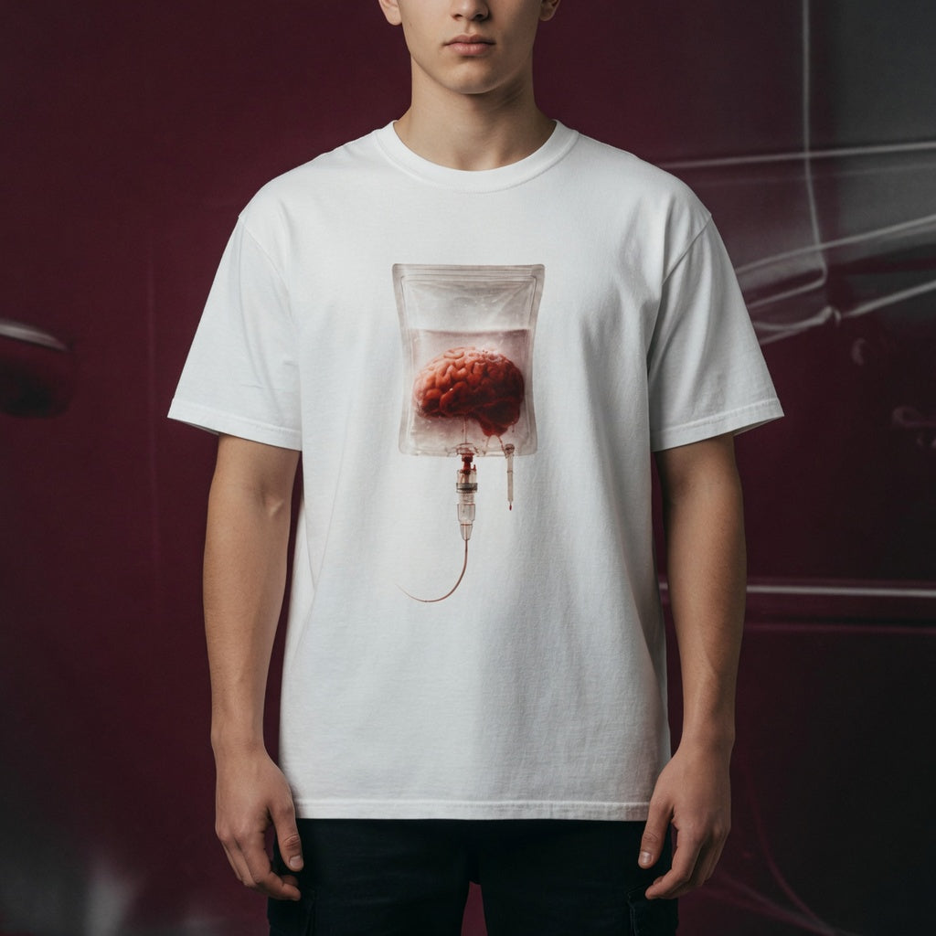 A person wearing a white t-shirt featuring a surreal brain IV drip graphic on the chest