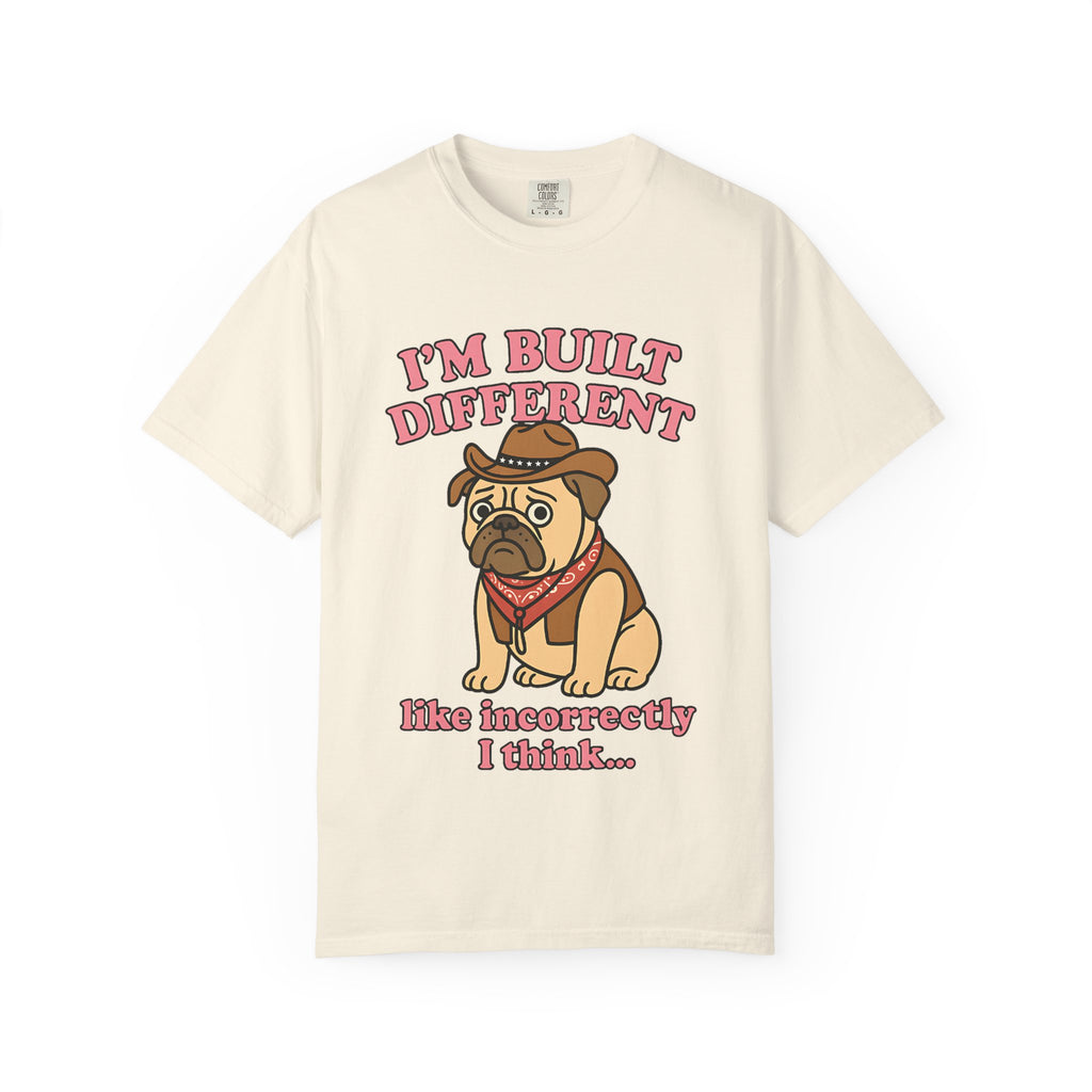 Ivory cream colored t-shirt with built incorrectly cowboy pug graphic.